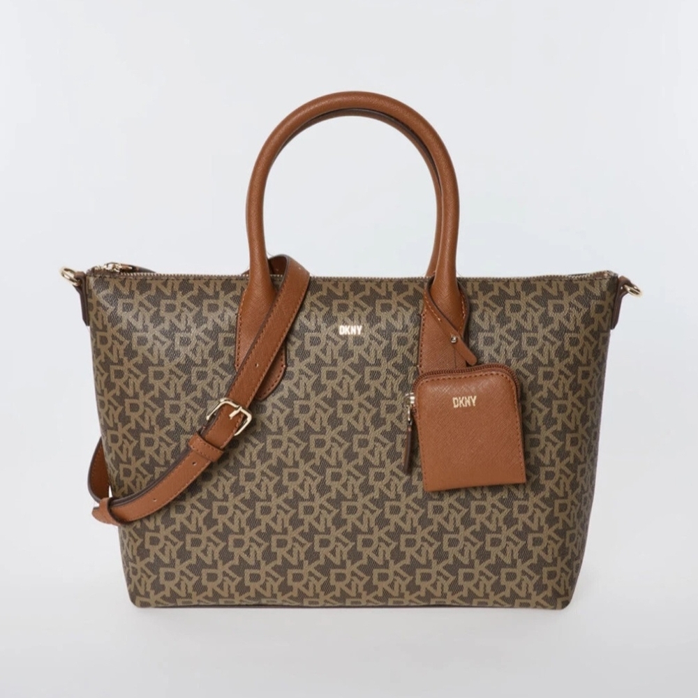 DKNY Donna Karen New York Brown Monogram Logo Crossbody Purse Coin Bag NEW